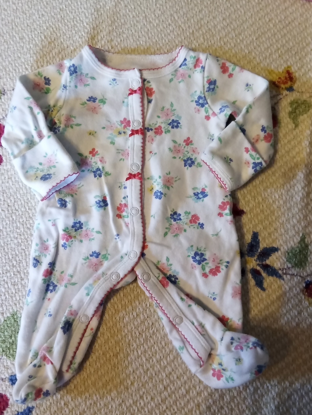 Carter's White Floral Footed One-Piece with Pink Trim